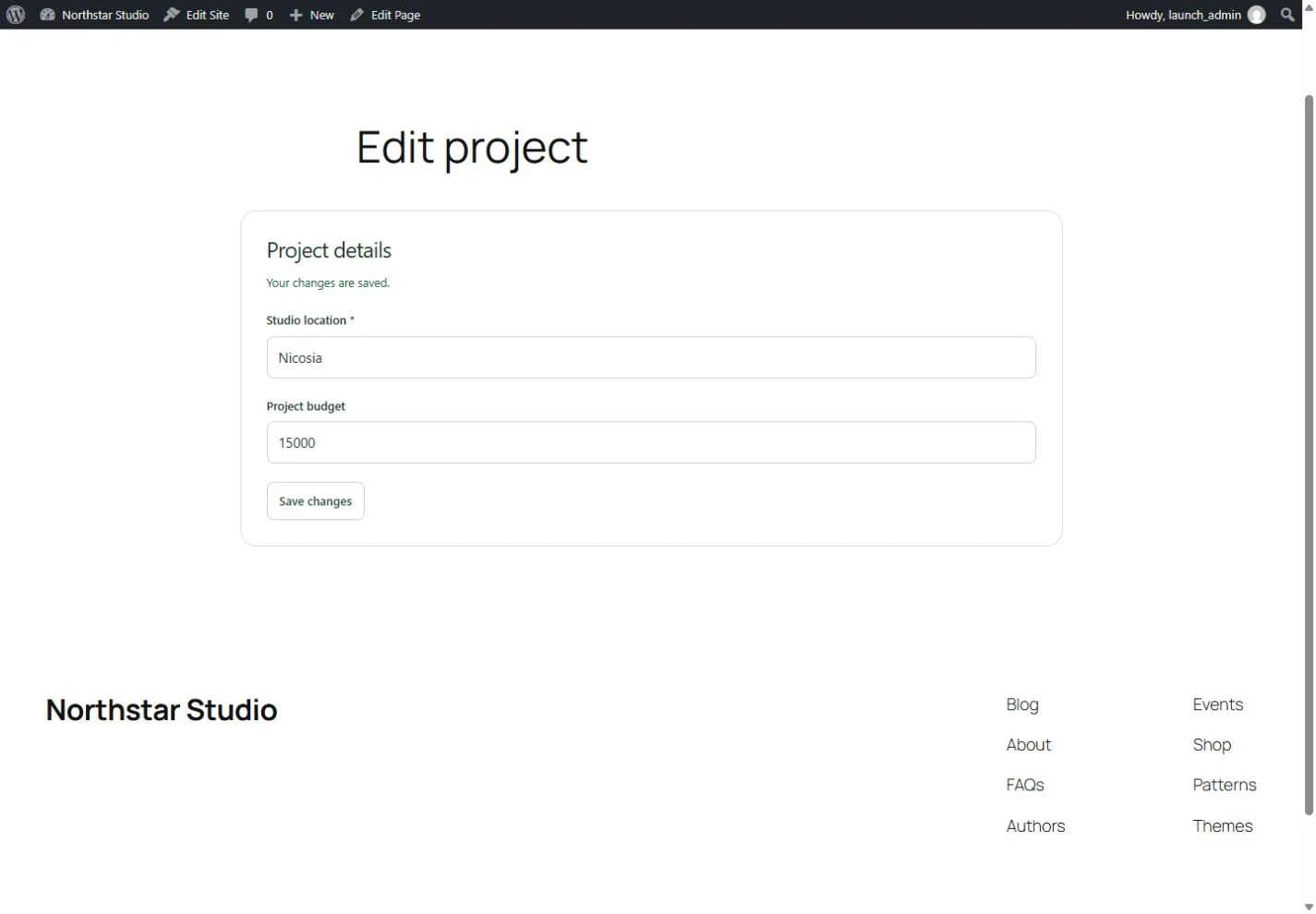 Pro 0.10.0 · Fictional sample data. The supplied logged-in frontend form saves a project budget of 15000.