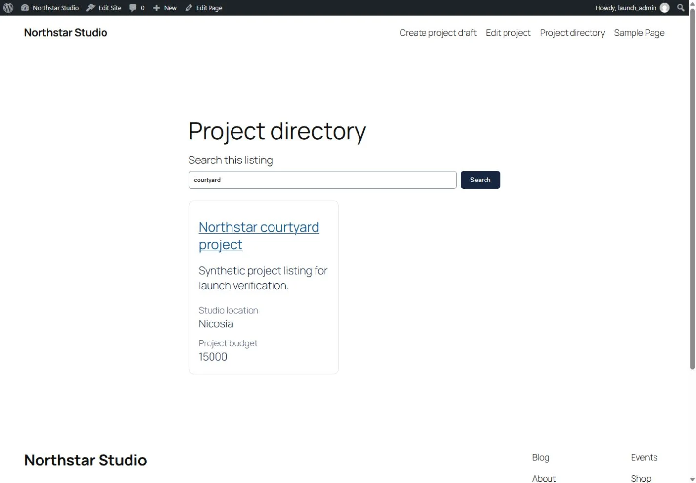 Pro 0.10.0 · Fictional sample data. A visitor searches the supplied project listing for courtyard.